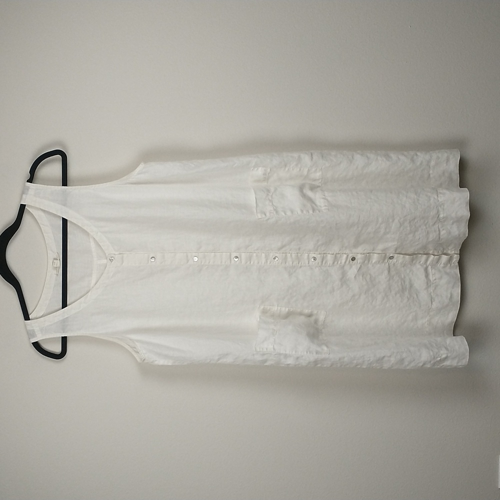 Eileen Fisher Dress Large White Linen Sleeveless Button Knee Length Pockets
